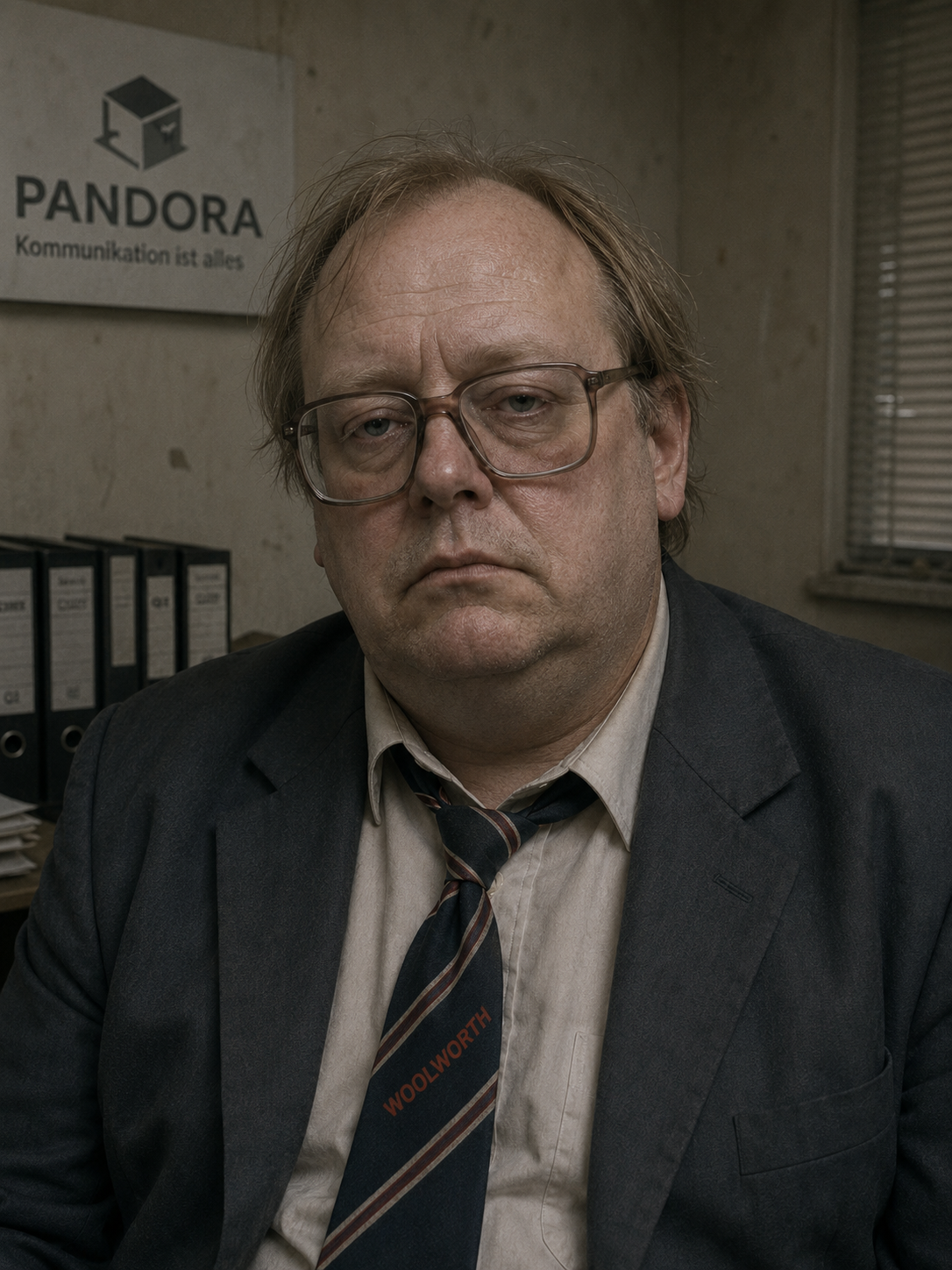 Droste im Büro von Pandora, mit großer Brille und gelockerter Krawatte