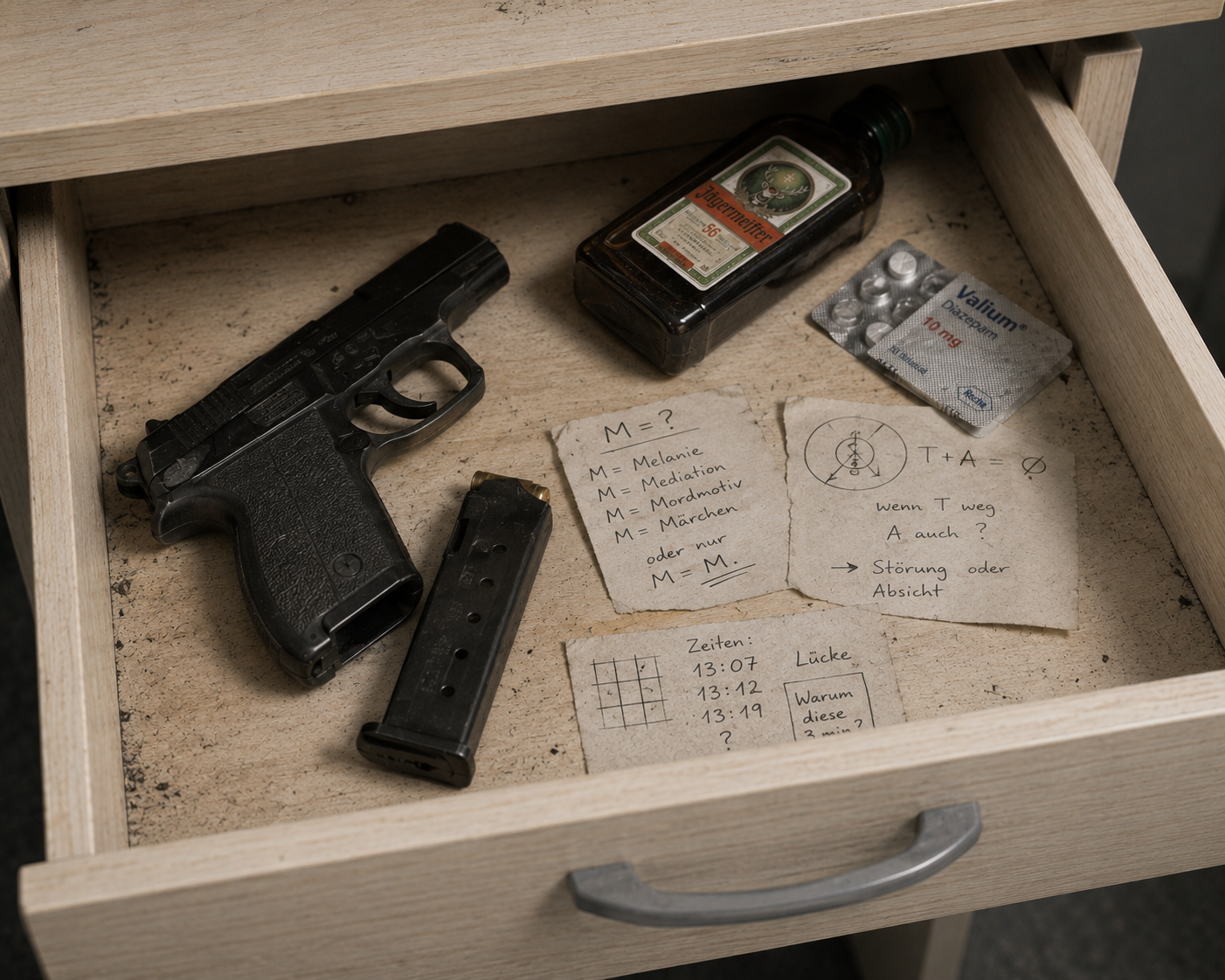 Geöffnete Schreibtischschublade mit Pistole, Valium, Jägermeister und rätselhaften Notizen