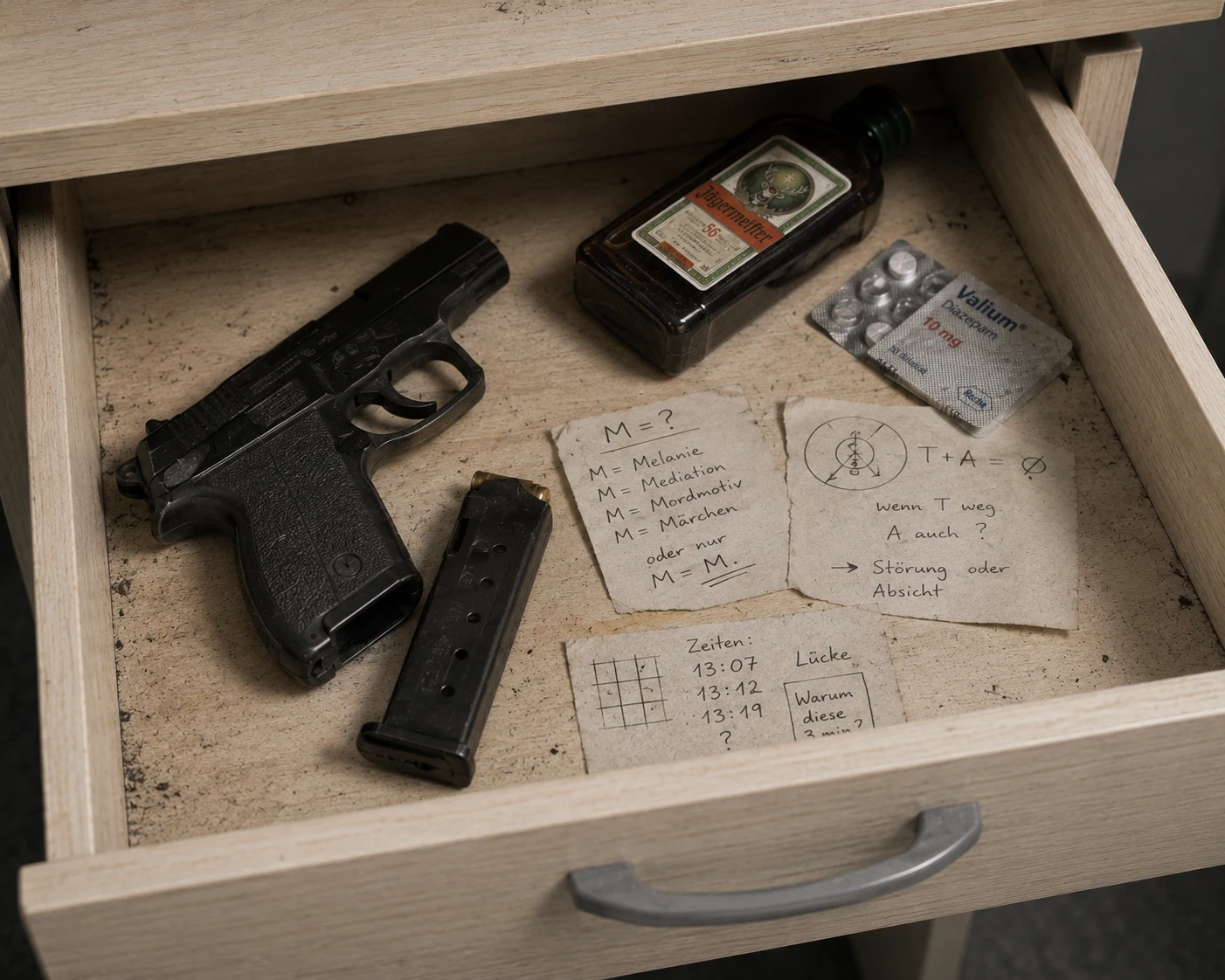 Geöffnete Schreibtischschublade mit Pistole, Valium, Jägermeister und rätselhaften Notizen