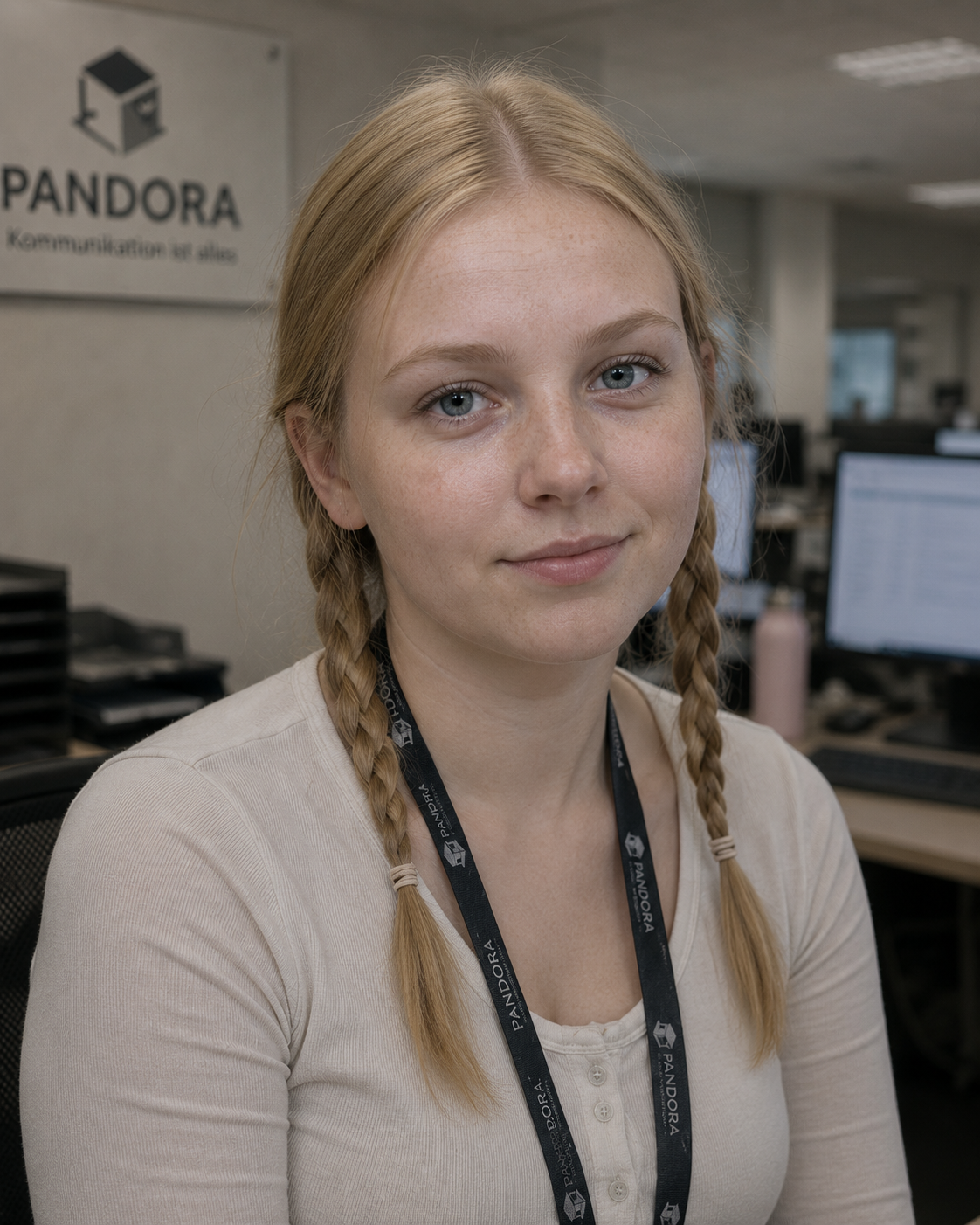 Kerstin im Büro von Pandora, mit blonden Zöpfen und kühlem Lächeln