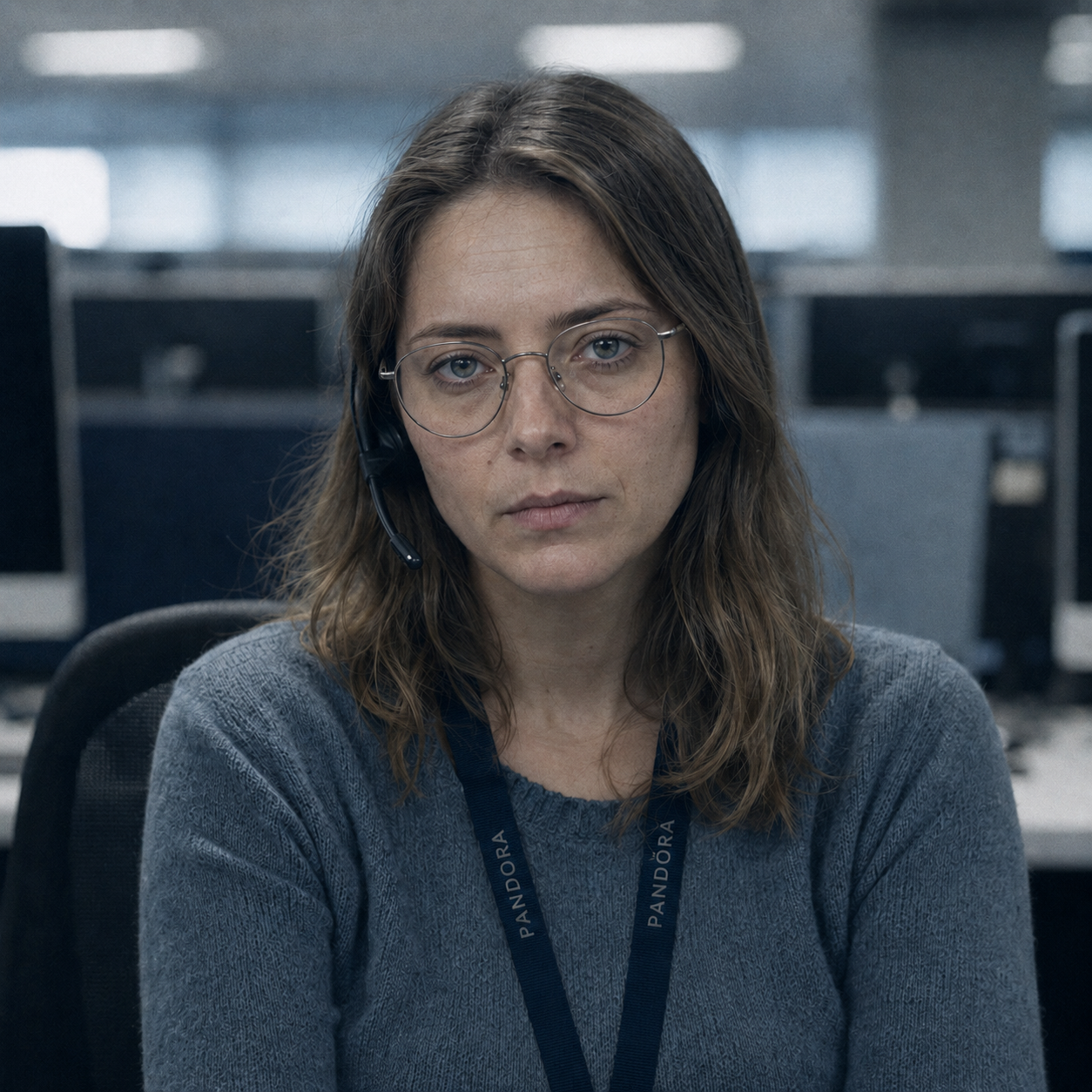 Nina mit Brille und Headset an ihrem Arbeitsplatz bei Pandora